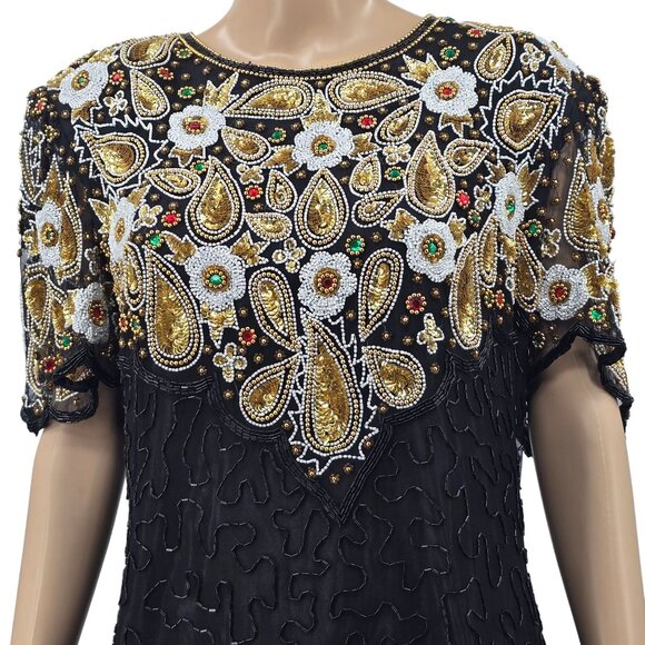 Vintage Swee Lo Silk Beaded Dress With Ornate Floral Design & Sequins - Picture 2 of 9
